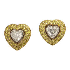 Yellow and White Diamond Gold Platinum Heart Earrings