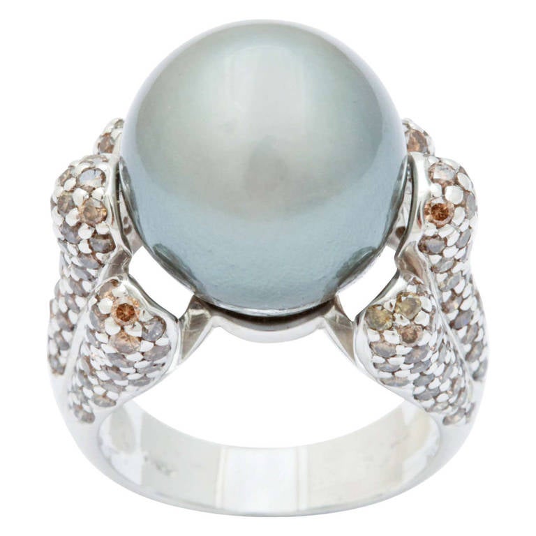 This top quality 14mm gray Tahitian pearl is held  aloft by 18K white gold, pave set with 1 ct of  champagne diamonds.The combination of gray pearl and brown diamonds is both elegant and modern.
This ring can also be made with  a different colored