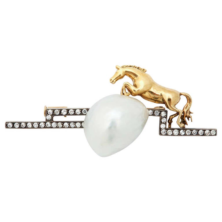 Gold and Diamond Horse Leaping over Pearl Brooch For Sale