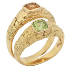 Gold Carved Leaf Pattern Citrine and Peridot Stacking Rings