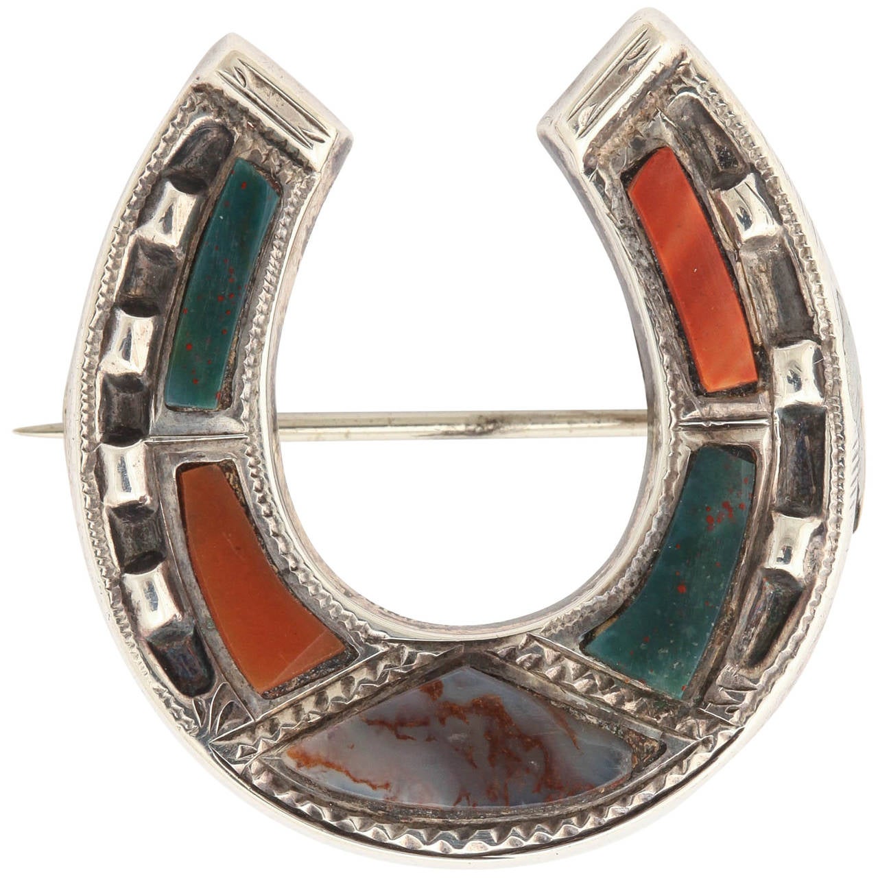 Antique Scottish Victorian Silver Agate Equestrian Horse Shoe Pin For Sale