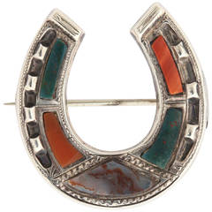 Antique Scottish Victorian Silver Agate Equestrian Horse Shoe Pin