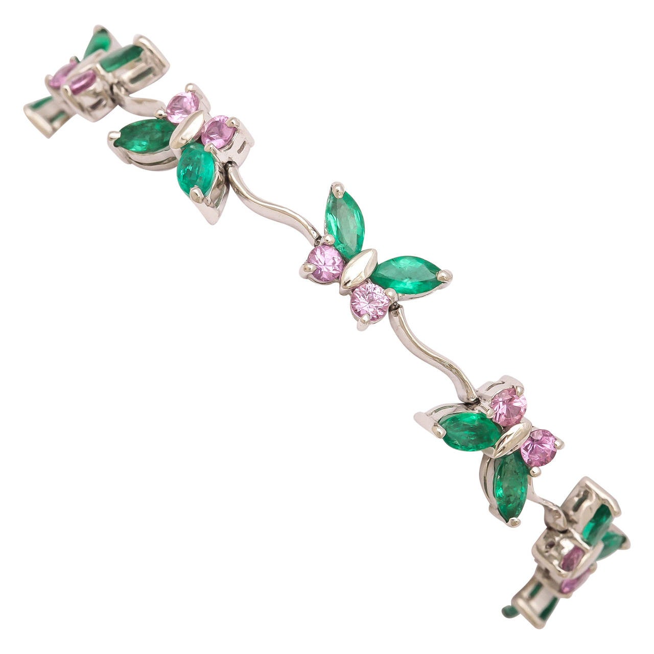 Charming Pink Sapphire Emerald Gold Butterfly Link Bracelet For Sale