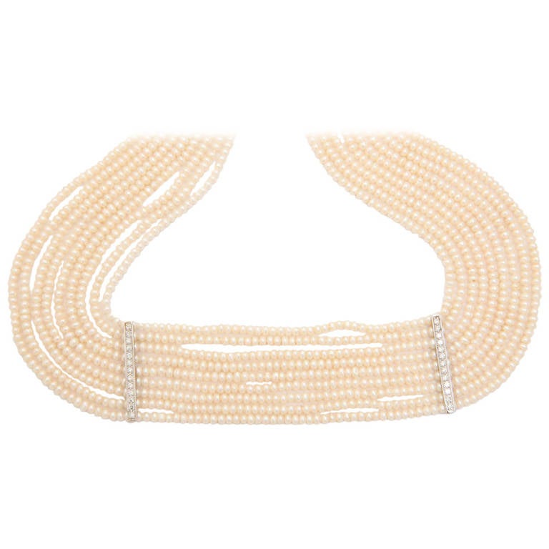 Pearl Diamond Gold Choker Necklace For Sale