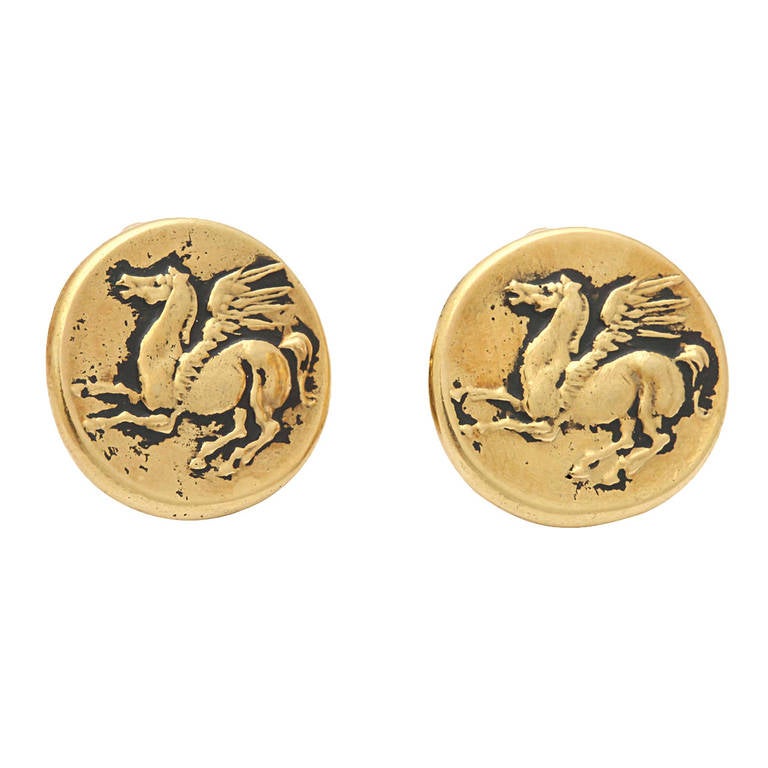 Gold Pegasus Coin Clip Earrings For Sale