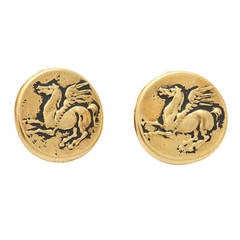 Gold Pegasus Coin Clip Earrings