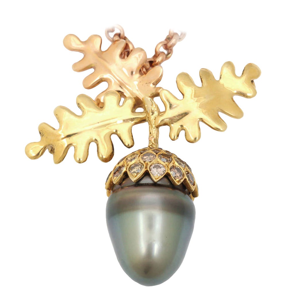 Large Tahitian Pearl Brown Diamond Gold Acorn Pin/Pendant For Sale