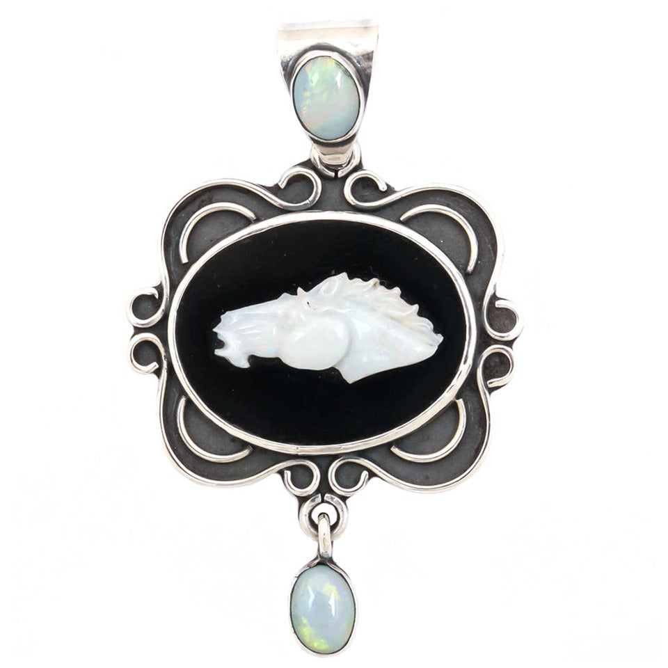 Black Onyx Silver Horsehead Pendant or Necklace For Sale