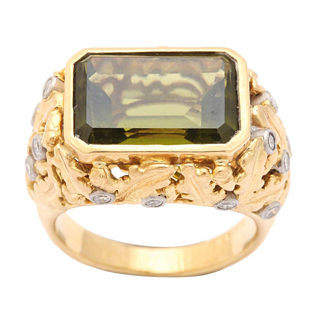 11 Carat Olivine Peridot Gold Platinum Ring For Sale