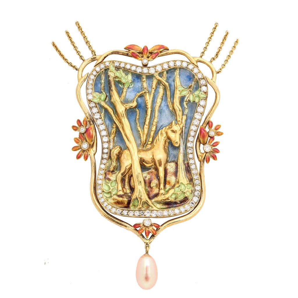 Spectacular Plique-à-Jour Enamel Gold Horse Necklace For Sale