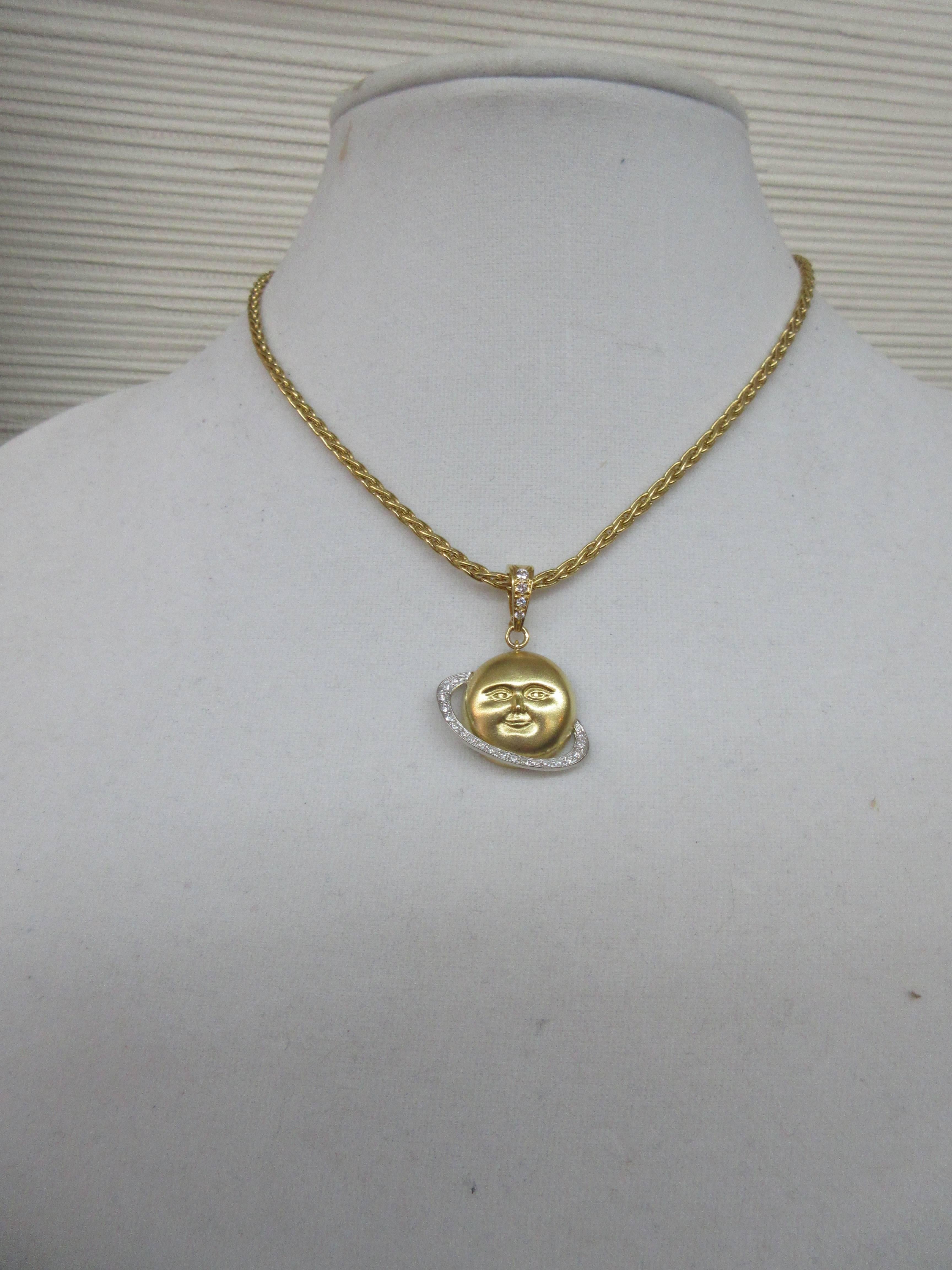 Gold and Platinum Saturn Celestial Pendant Necklace For Sale 2