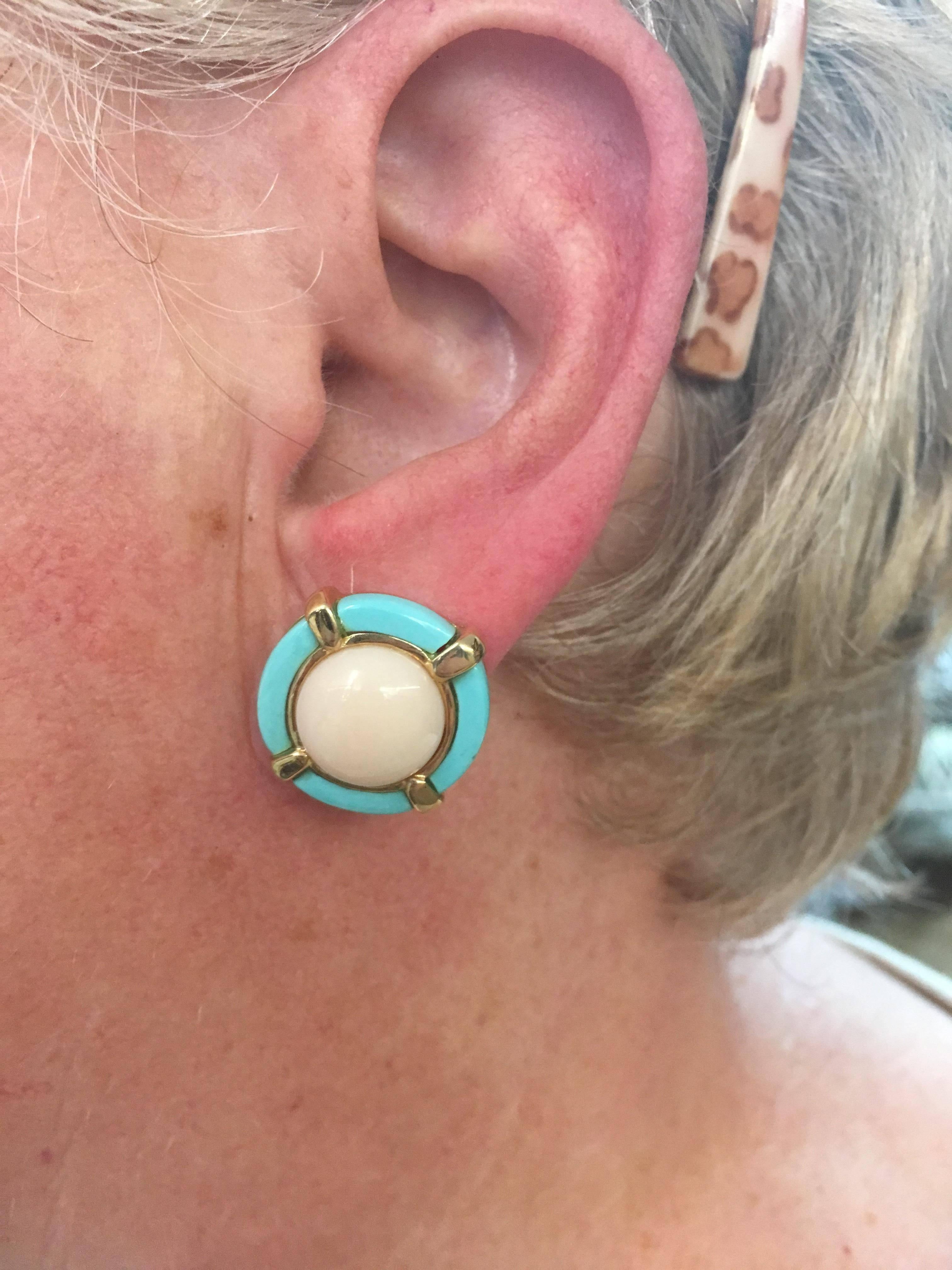 Angel Skin Coral Turquoise Gold Earrings For Sale 2