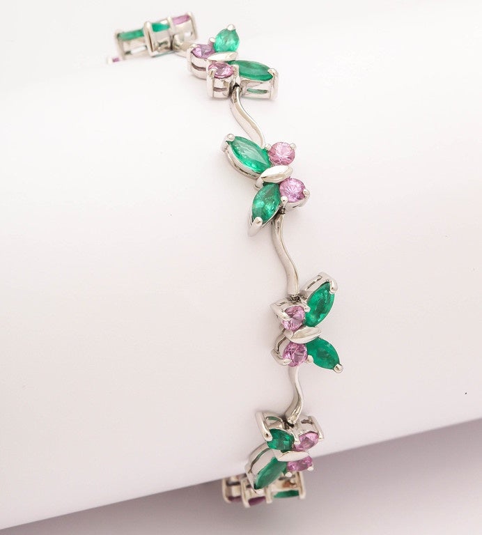 Artisan Charming Pink Sapphire Emerald Gold Butterfly Link Bracelet For Sale