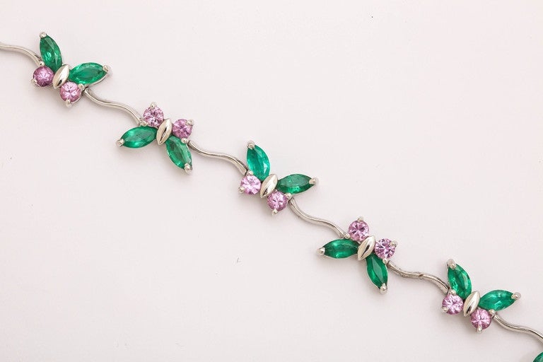 Charming Pink Sapphire Emerald Gold Butterfly Link Bracelet In New Condition For Sale In TRYON, NC