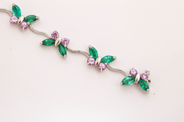 Women's Charming Pink Sapphire Emerald Gold Butterfly Link Bracelet For Sale