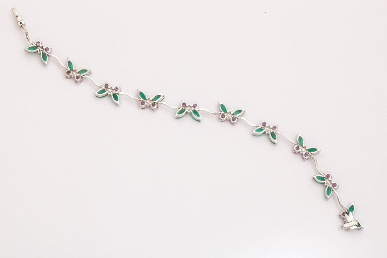 Charming Pink Sapphire Emerald Gold Butterfly Link Bracelet For Sale 1