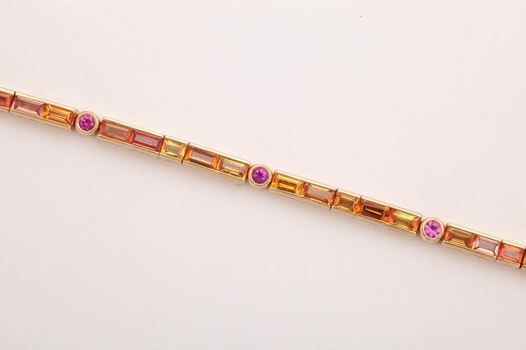 Contemporary Orange and Pink Sapphire Line Bracelet For Sale