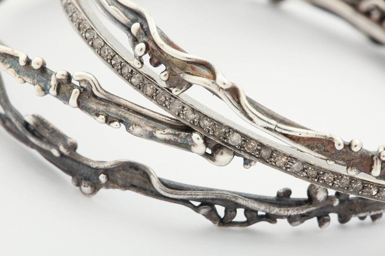 Set of Artistic Silver and Diamond Bangle Bracelets In New Condition For Sale In TRYON, NC