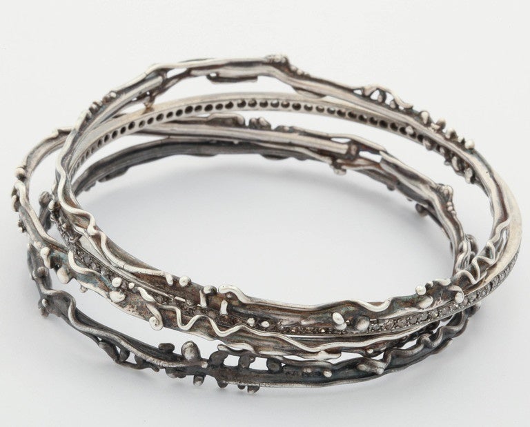 Set of Artistic Silver and Diamond Bangle Bracelets For Sale 1