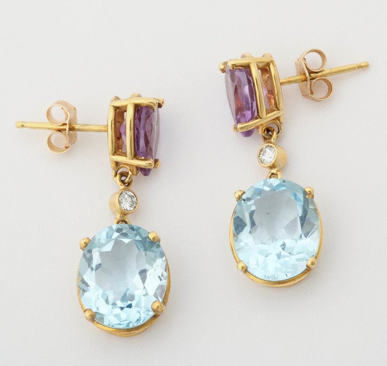 Artisan Charming Amethyst Blue Topaz Gold Drop Earrings For Sale
