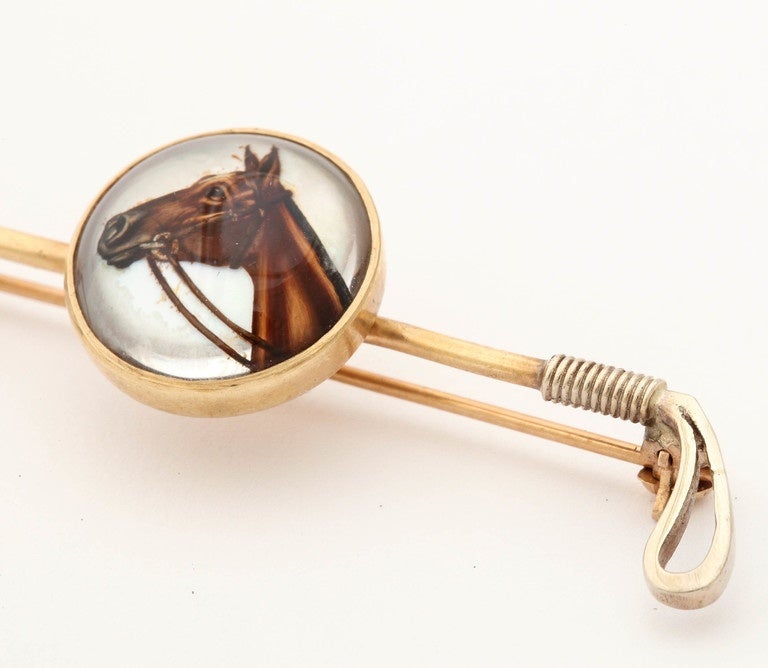 Antique Reverse Painted Horsehead Crystal Crop Pin In Excellent Condition For Sale In TRYON, NC