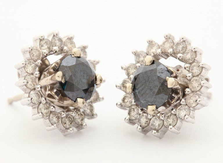 These unique earrings are black diamond studs in 14 kt gold prong settings. The total weight of the black diamonds is 1.32 ct. Included with the studs are 14 kt white gold and diamond circular earring jackets, total weight of white diamonds is .64