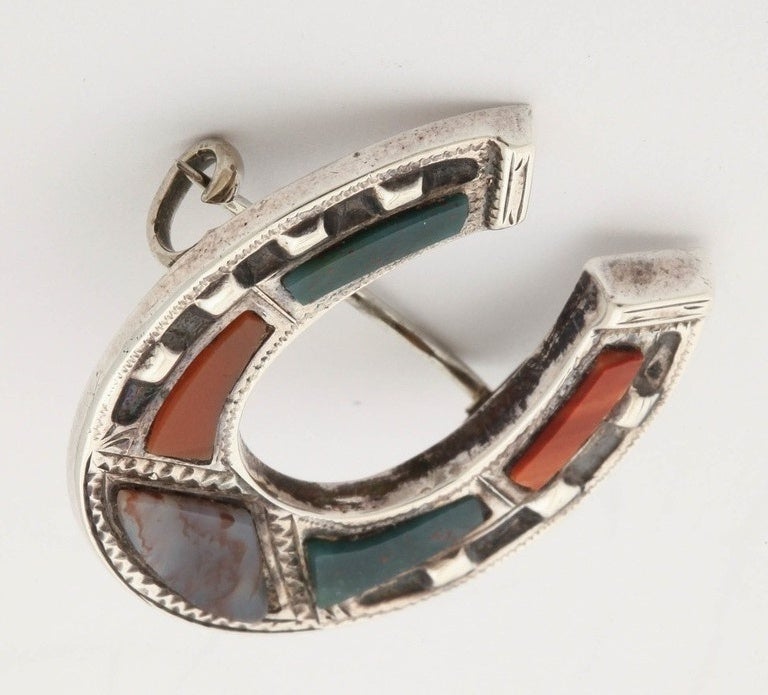 Antique Scottish Victorian Silver Agate Equestrian Horse Shoe Pin For Sale 1