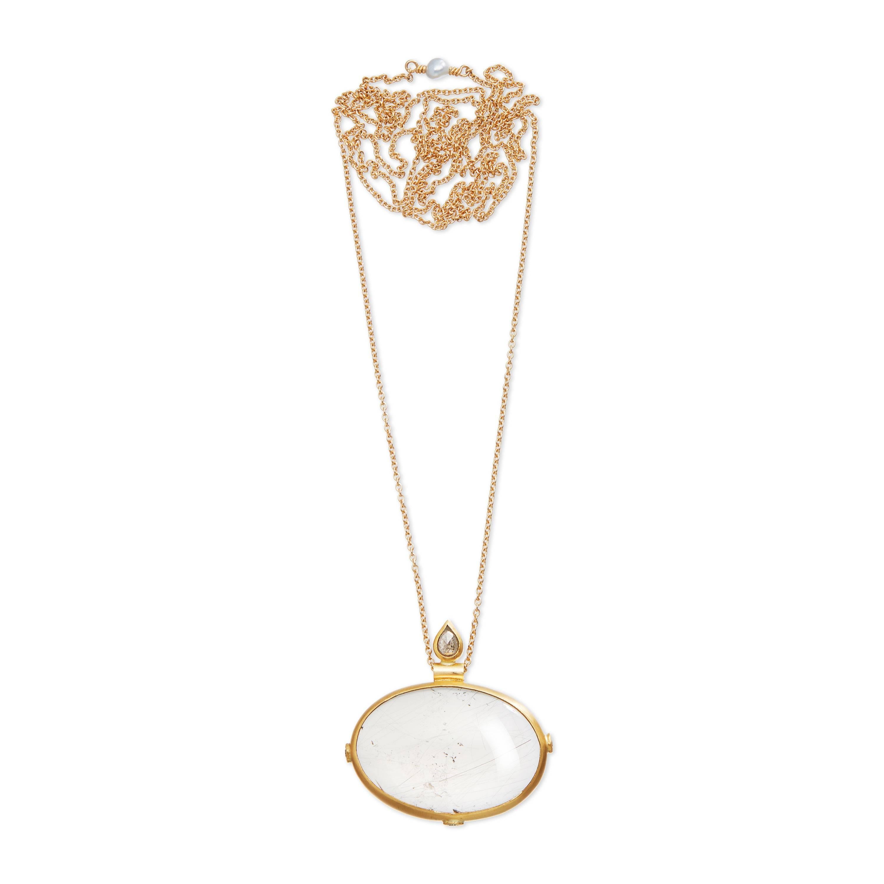 Bergsoe Diamond Rutile Quartz Yellow Gold Monocle Necklace For Sale