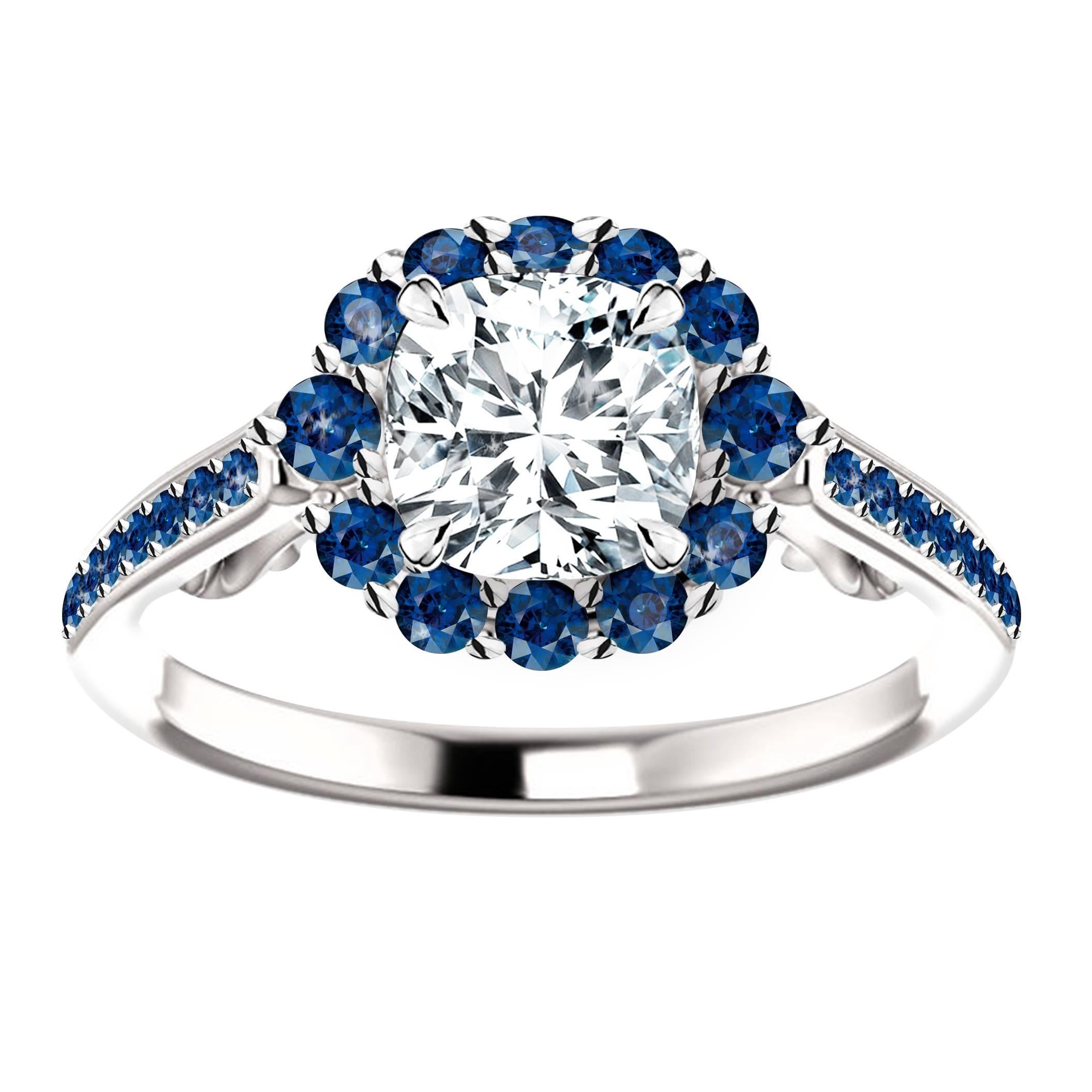 Hugo & Haan Gold GIA Certified Cushion Diamond Blue Sapphire Engagement Ring For Sale