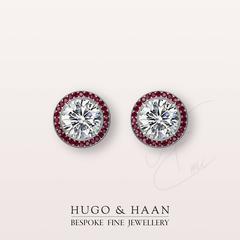 Hugo & Haan GIA Certified Platinum White Diamond and Ruby Stud Earrings