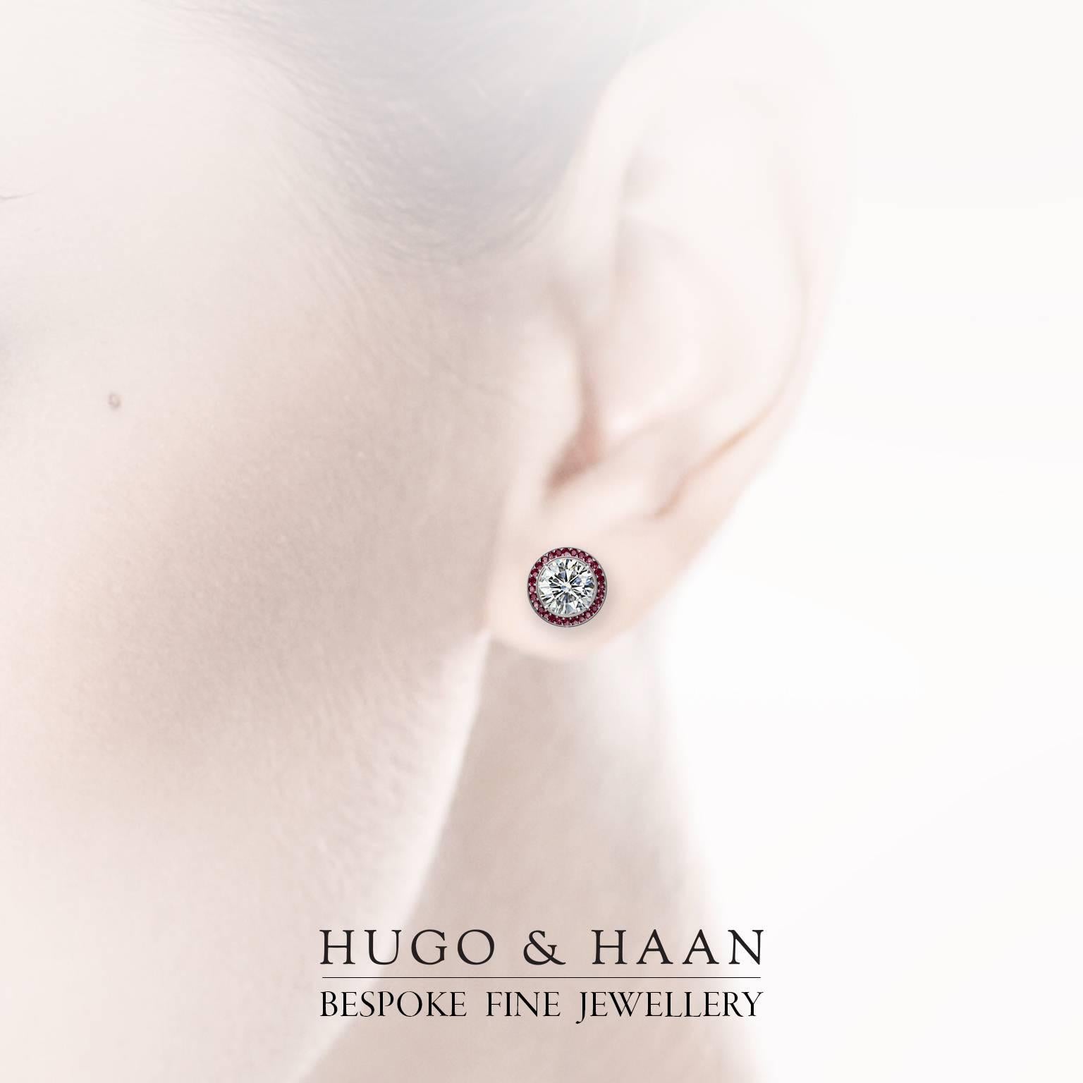 Hugo & Haan GIA Certified Platinum White Diamond and Ruby Stud Earrings In New Condition For Sale In London, GB