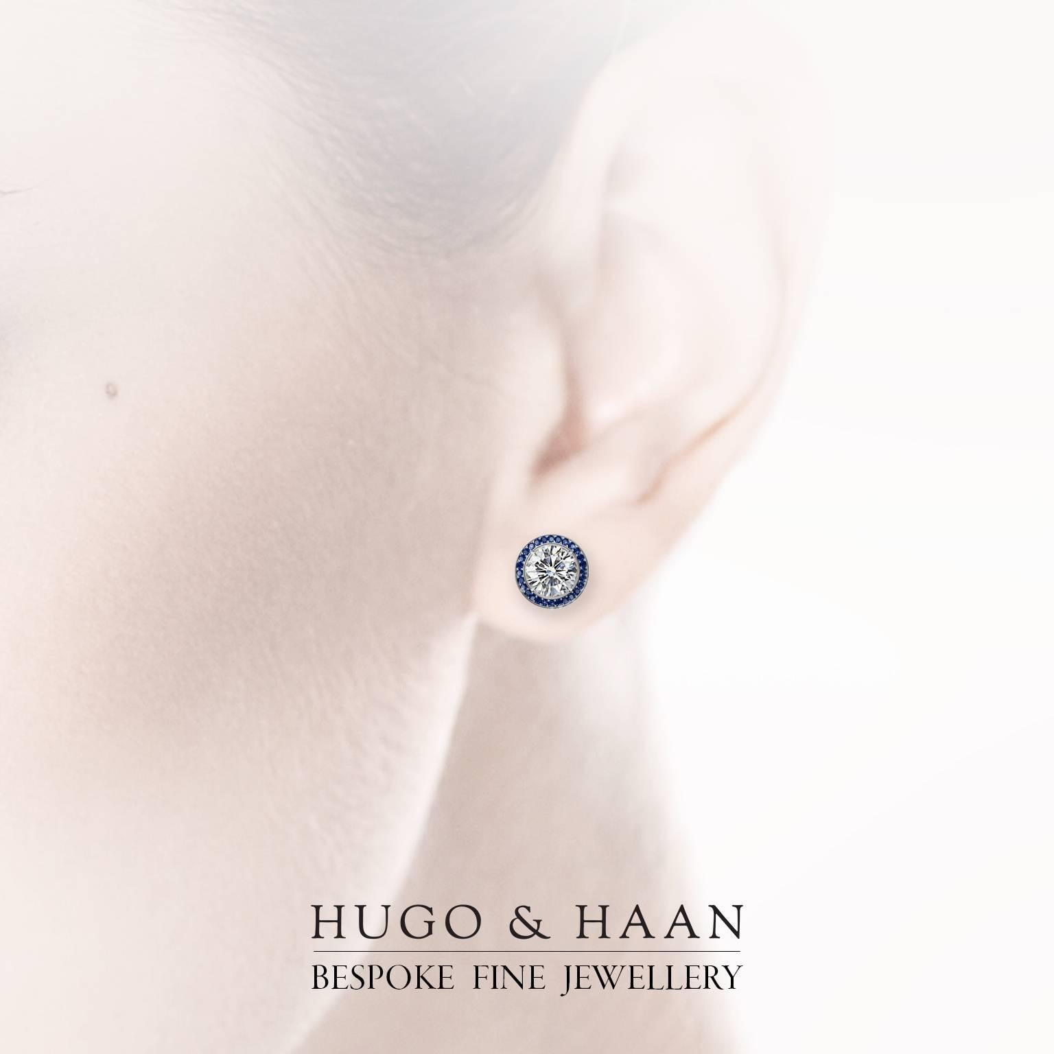 Hugo & Haan GIA Certified Platinum White Diamond and Sapphire Stud Earring In New Condition For Sale In London, GB