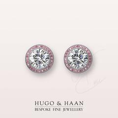 Hugo & Haan GIA Certified Platinum White Diamond and Pink Sapphire Stud Earrings