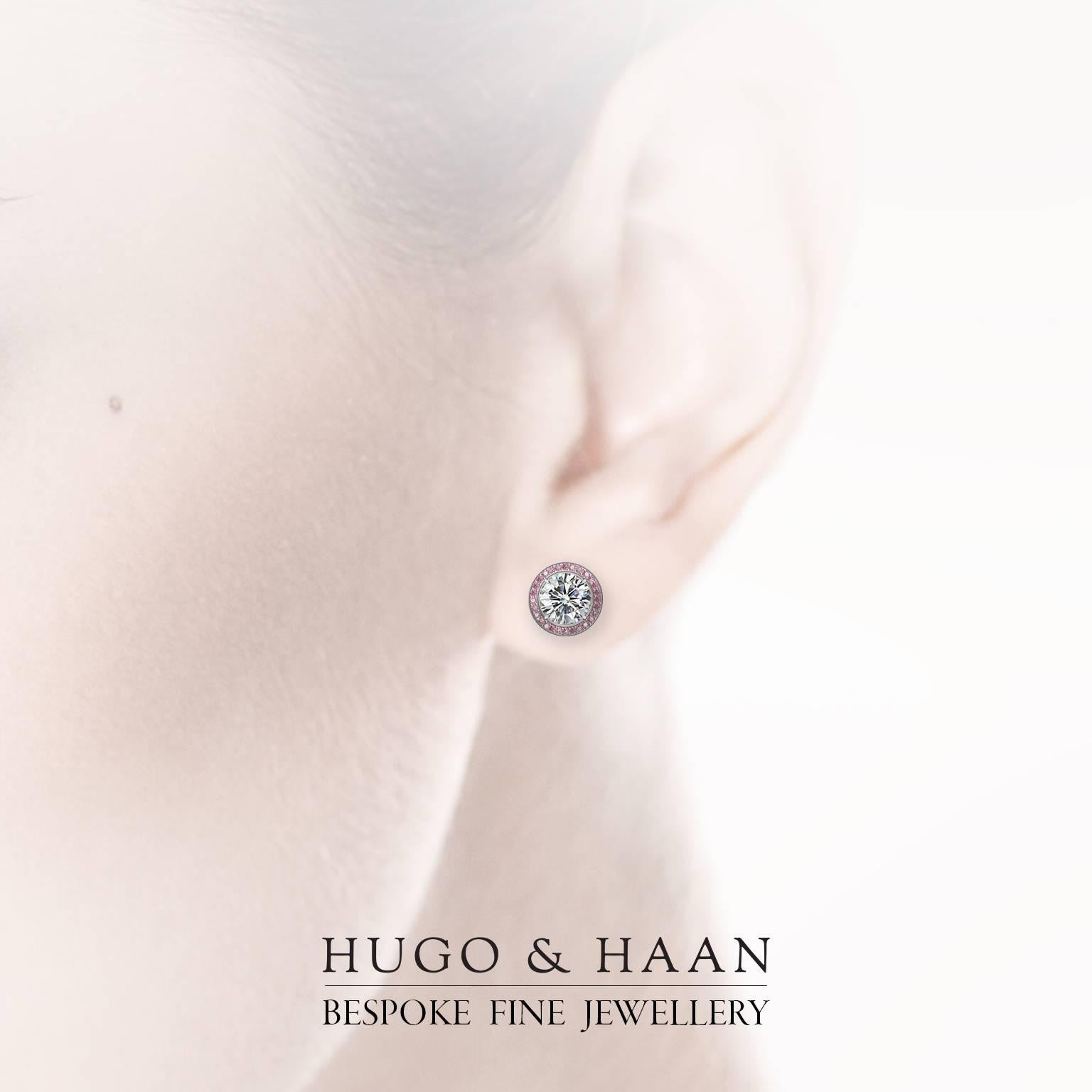 Hugo & Haan GIA Certified Platinum White Diamond and Pink Sapphire Stud Earrings In New Condition For Sale In London, GB