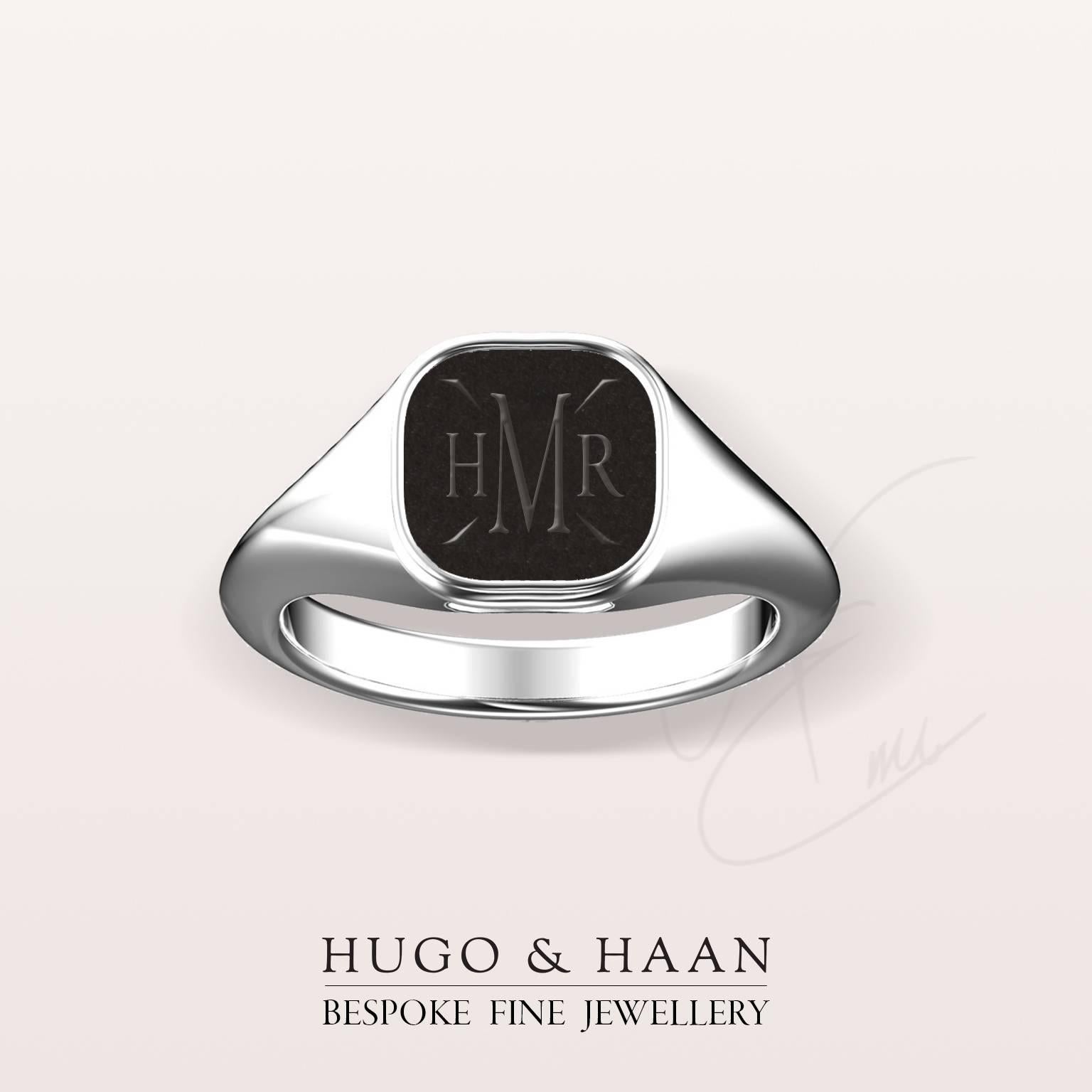 Women's or Men's Hugo & Haan White Gold Initial Signet Ring For Sale