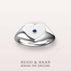 Hugo & Haan White Gold Heart Blue Sapphire Signet Ring