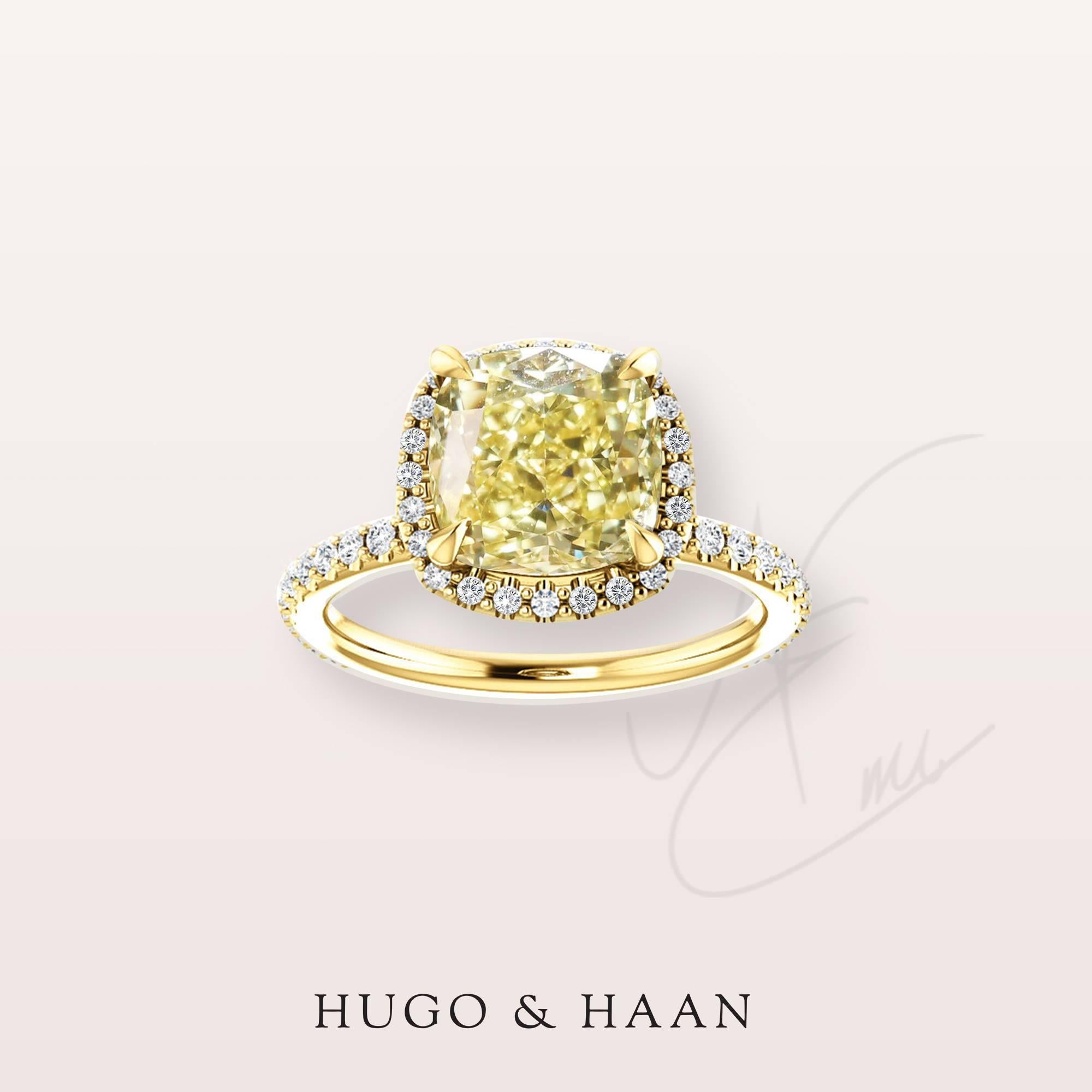 Details:

Material : 18k Yellow Gold
Principle Gemstone : Cushion Cut Yellow Diamond
Other Gemstone : White Diamond Pave
Total Diamond Carat Weight : over 2 tcw 
Diamonds Certified: Yes - GIA certified
Customizable: Yes

Options to customize: