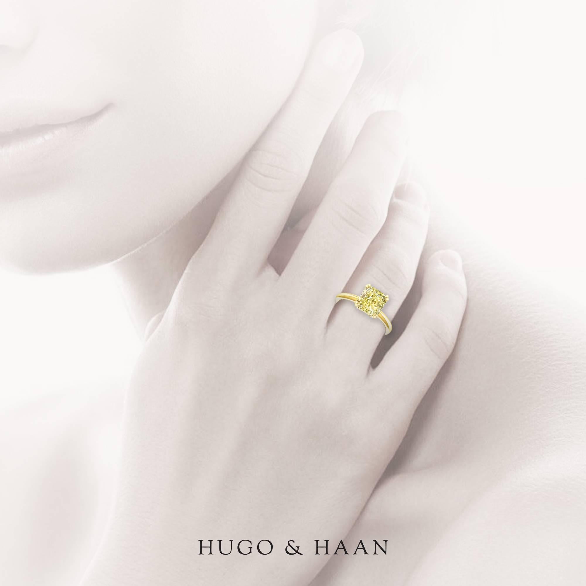 Hugo & Haan Gold GIA Certified Radiant Cut Yellow Diamond Engagement Ring In New Condition For Sale In London, GB