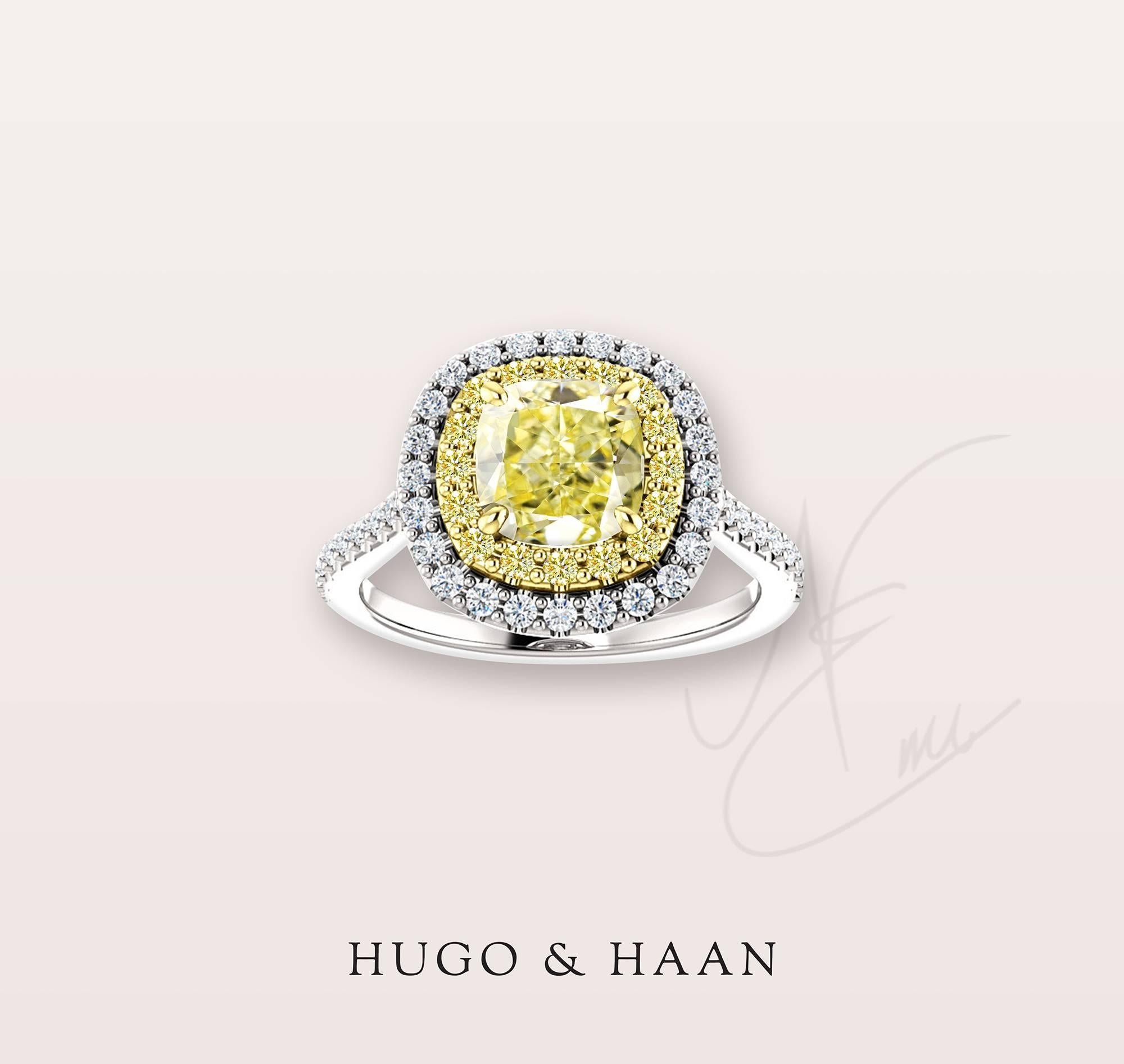 Details:

Material : 18k Yellow Gold and 18k White Gold
Principle Gemstone : 1.2ct Cushion Cut Fancy Yellow Diamond
Other Gemstone : Yellow Diamond and White Diamond Pave
Total Diamond Carat Weight : over 1.5 tcw 
Diamond Certified: Yes - GIA