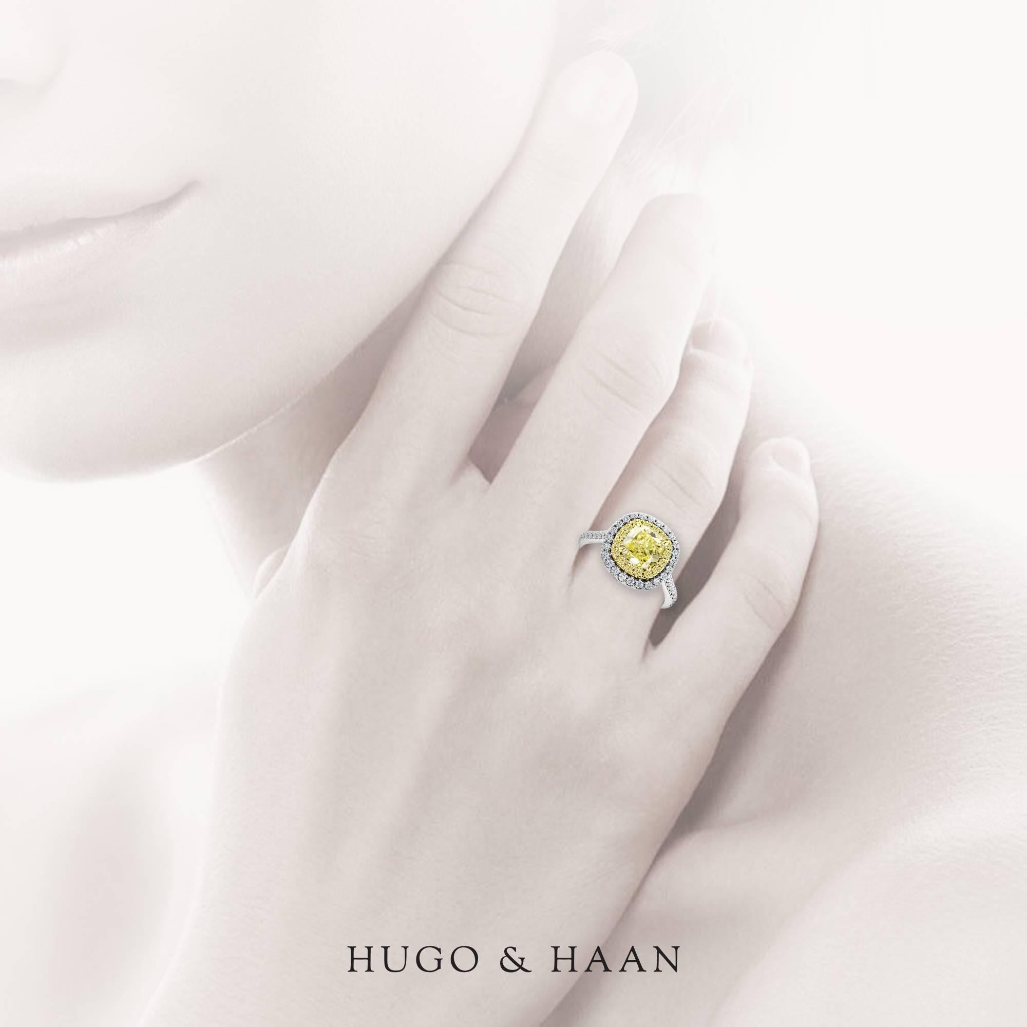 Cushion Cut Hugo & Haan Gold GIA Certified Yellow Diamond Double Halo Engagement Ring  For Sale