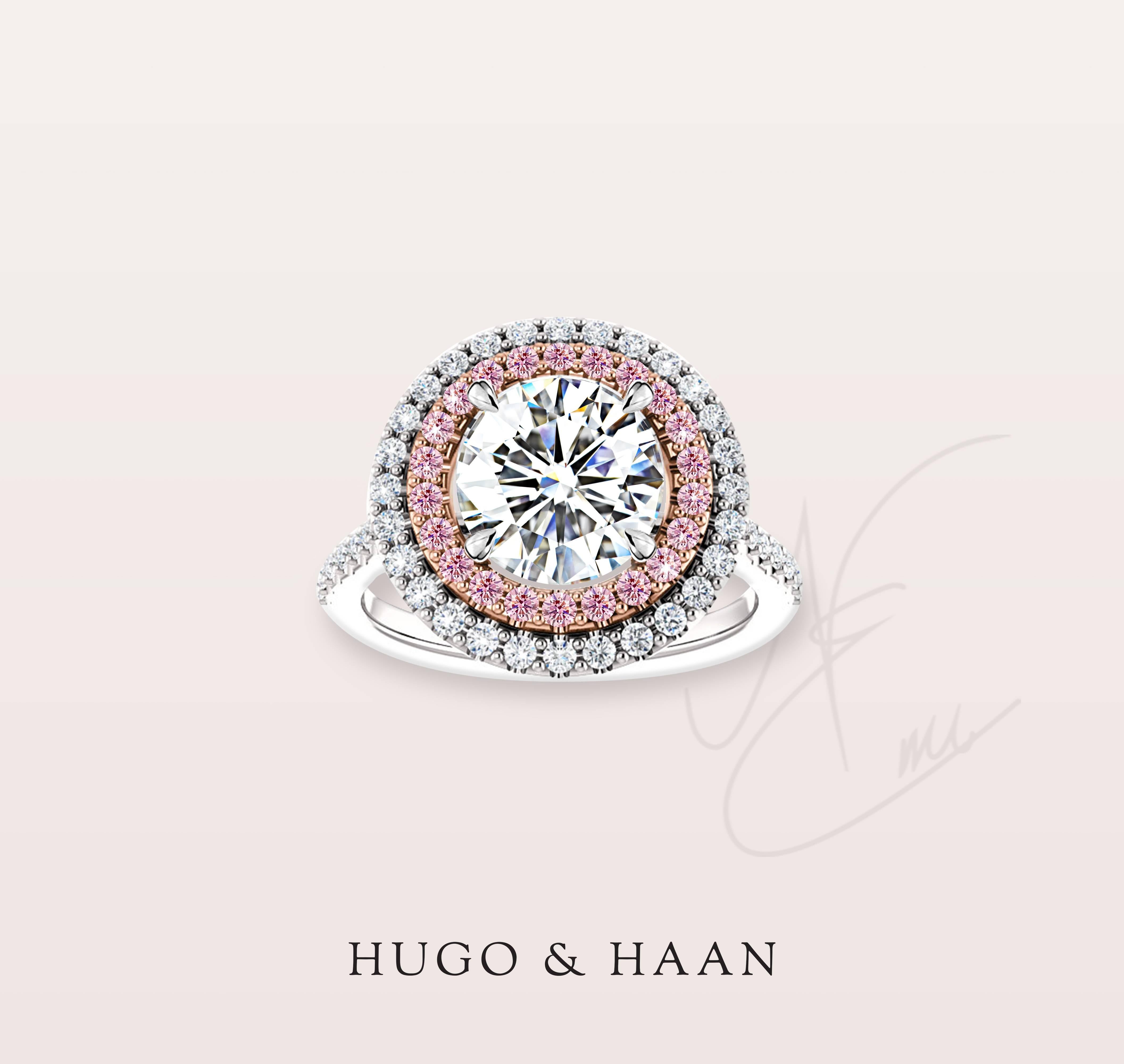 Details:

- GIA Certified 1.51 ct Round Brilliant Cut Diamond E / VS2 Triple Excellent 
-  Double Halo setting type
- One halo of AA quality pink sapphire set in 18kt Rose Gold
- F/VS Top Selection Diamond Pave on the rest of the ring
- Platinum
-