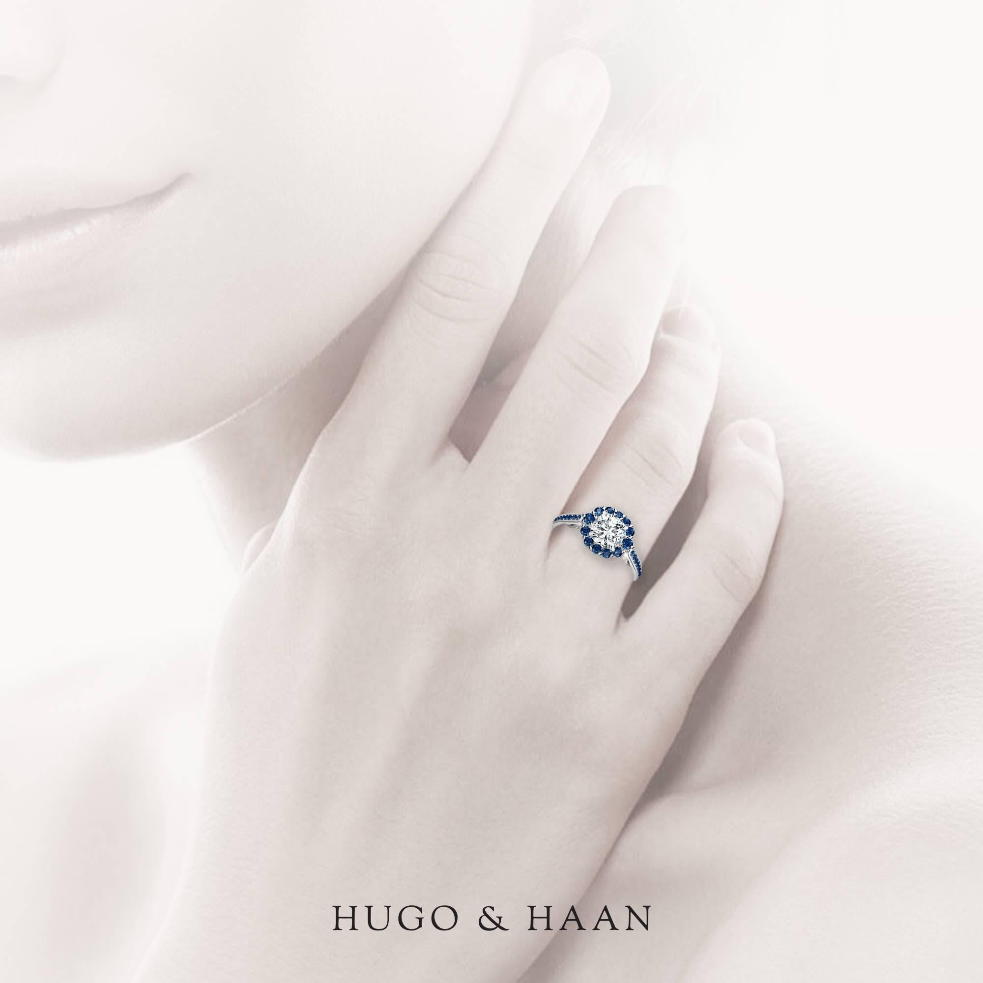 Cushion Cut Hugo & Haan Gold GIA Certified Cushion Diamond Blue Sapphire Engagement Ring For Sale