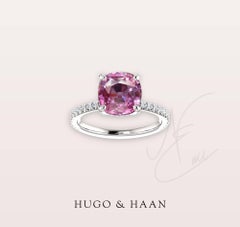 Hugo & Haan White Gold Cushion Cut Pink Sapphire Diamond Engagement Ring