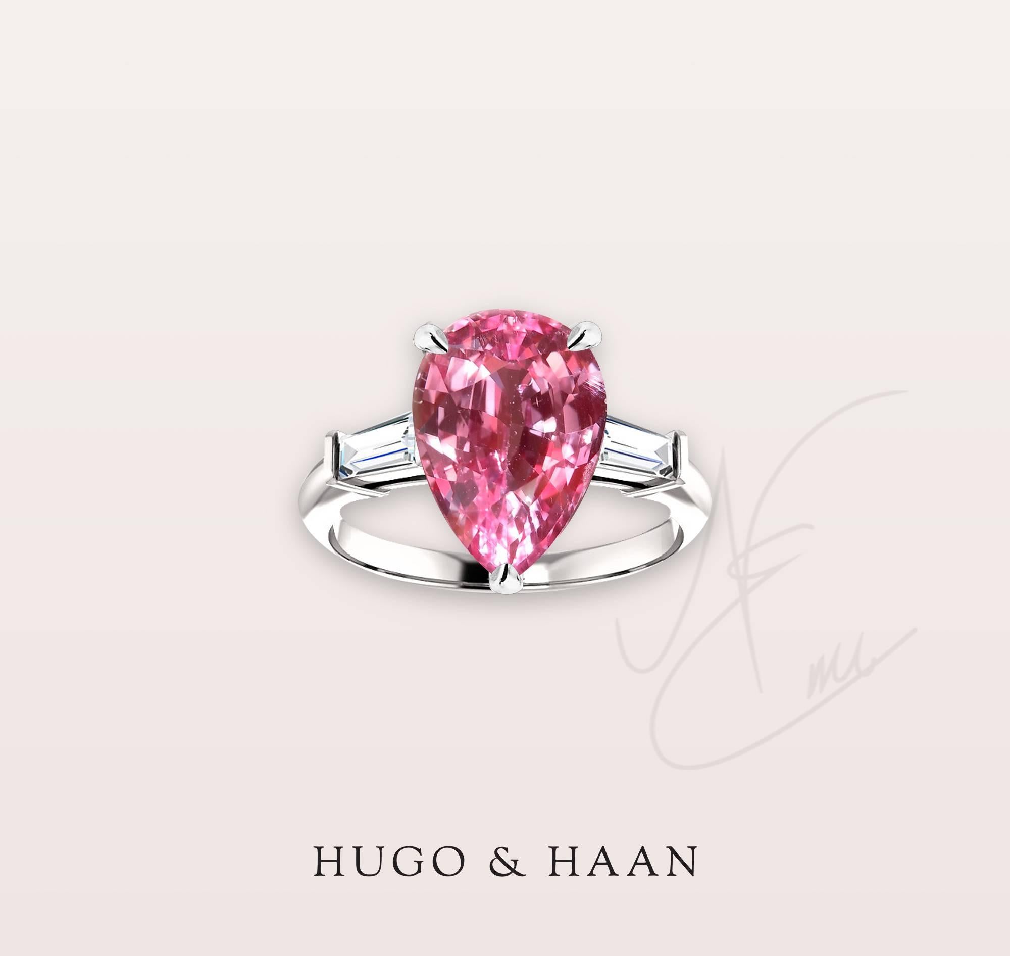 Details:

- Pear Cut Pink Tourmaline
- Tapered Baguette White Diamonds on the side
- 18kt White Gold
- Can be created in 18k Rose Gold as well

About Hugo and Haan Fine Jewellery:  

Please note that all of our jewels are custom created for you,