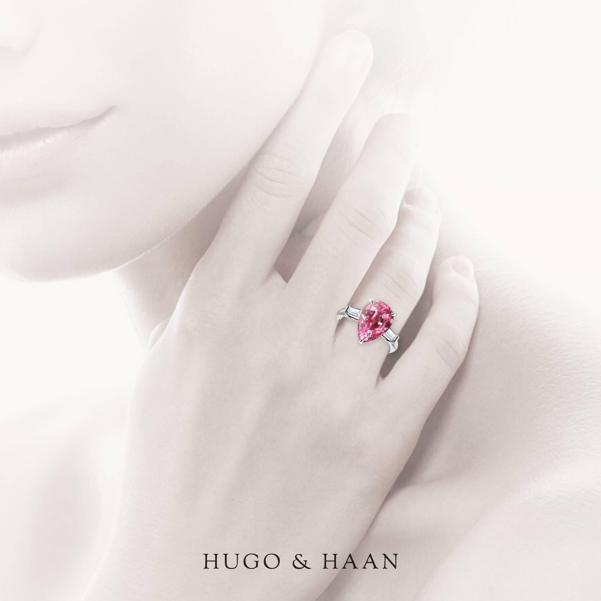 Hugo & Haan White Gold Pear Cut Pink Tourmaline Tapered Diamond Cocktail Ring In New Condition For Sale In London, GB