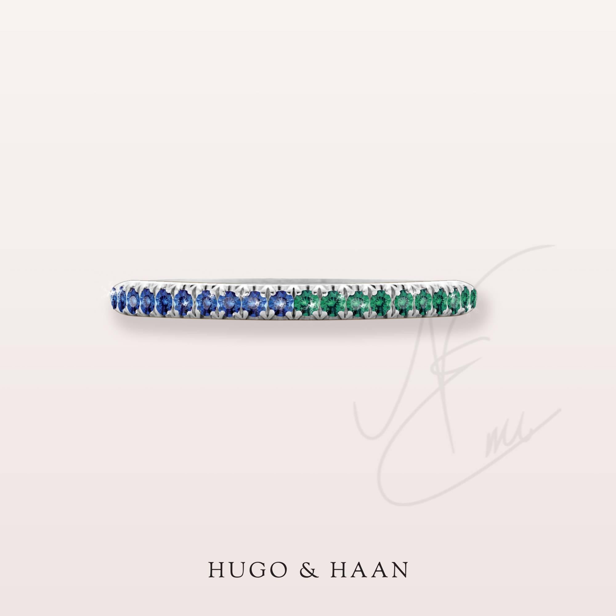 Round Cut Hugo & Haan White Gold Blue Sapphire Emerald Bicolour Ring For Sale