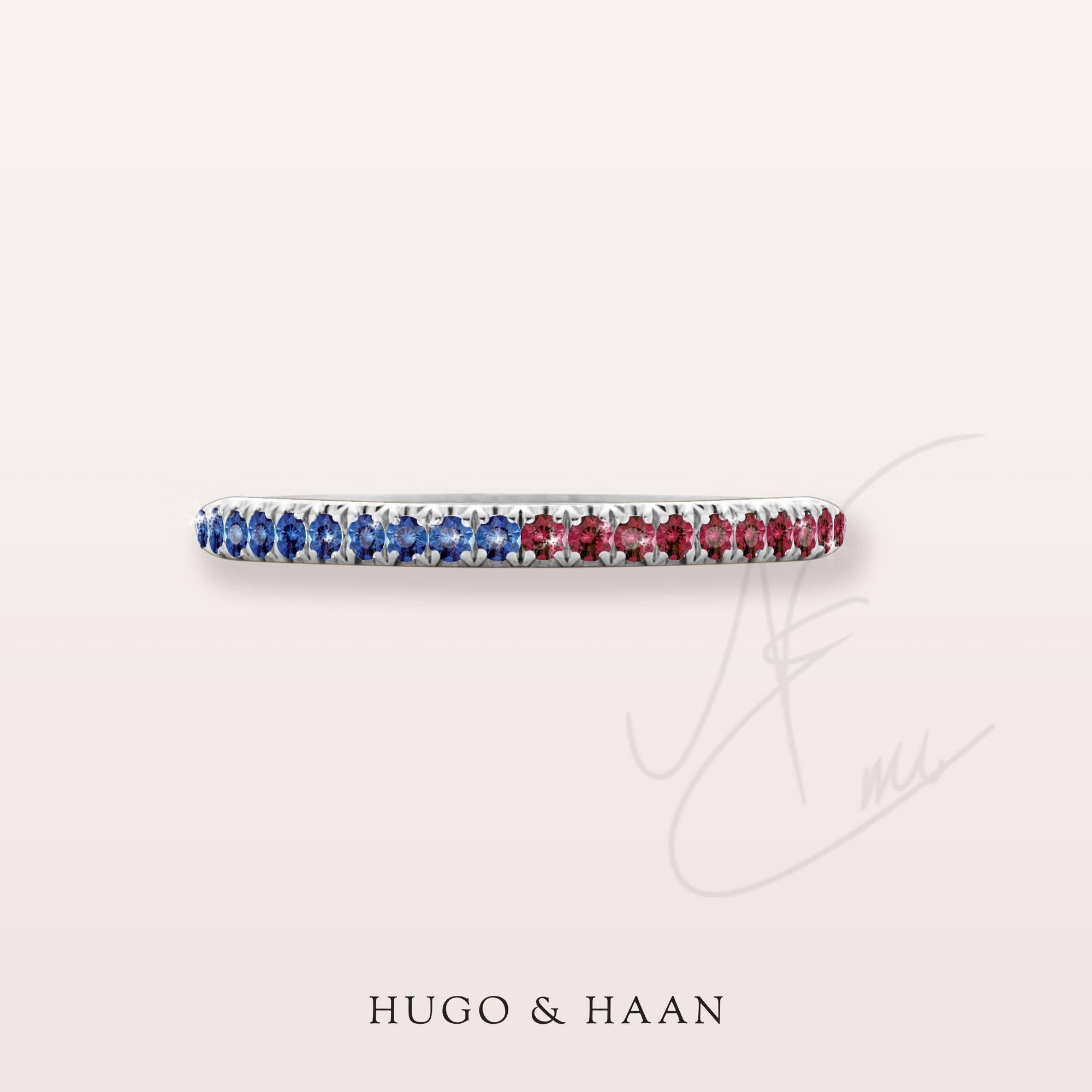 Round Cut Hugo & Haan White Gold Blue Sapphire Ruby Bicolour Ring For Sale