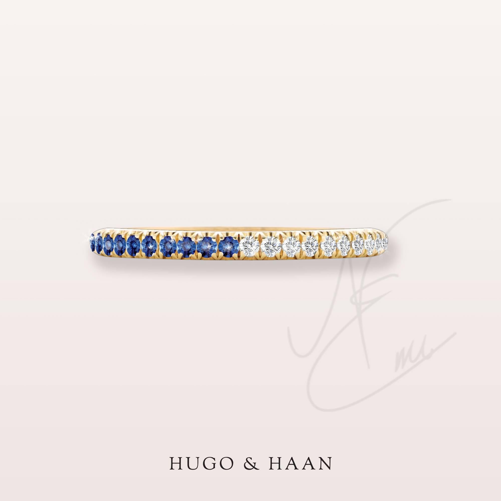 Round Cut Hugo & Haan Yellow Gold Blue Sapphire Diamond Bicolor Ring For Sale