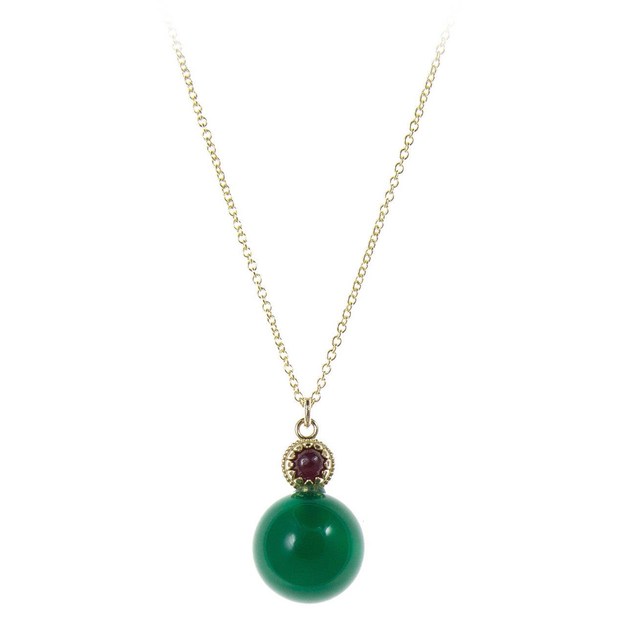Green Onyx Bead Ruby Cabochon Gold Necklace For Sale