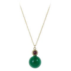 Green Onyx Bead Ruby Cabochon Gold Necklace